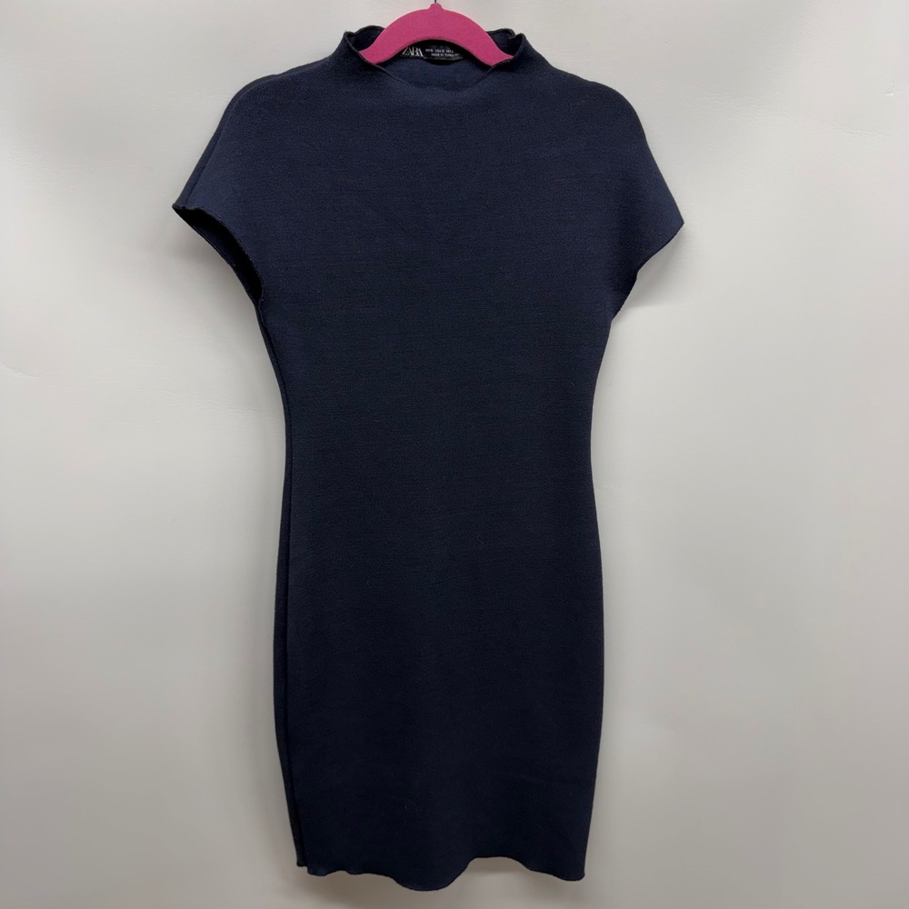 ZARA Mock‎ Neck Sheath Dress Navy Blue Small Bodycon Festival Romantic Luxury